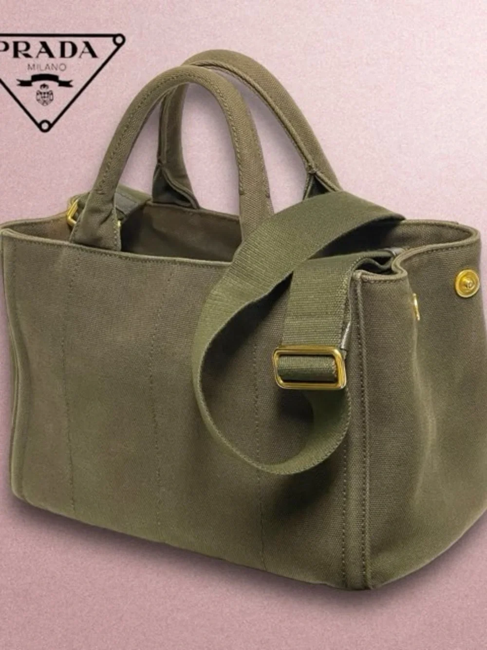 Prada Kanapa Olive Canvas Tote with Crystal and Gold Studs - Picture 3 of 6